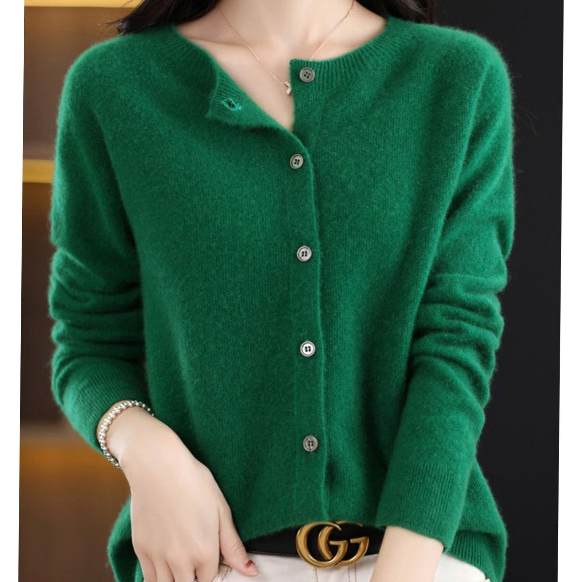 Women's Soft Knit Button-Front V-Neck Cardigan - Dark Green