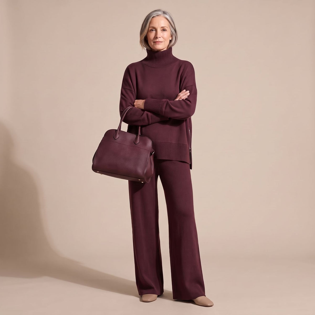 Women's Soft Knit Wide-Leg Coord Set Two-Piece Loungewear - Red