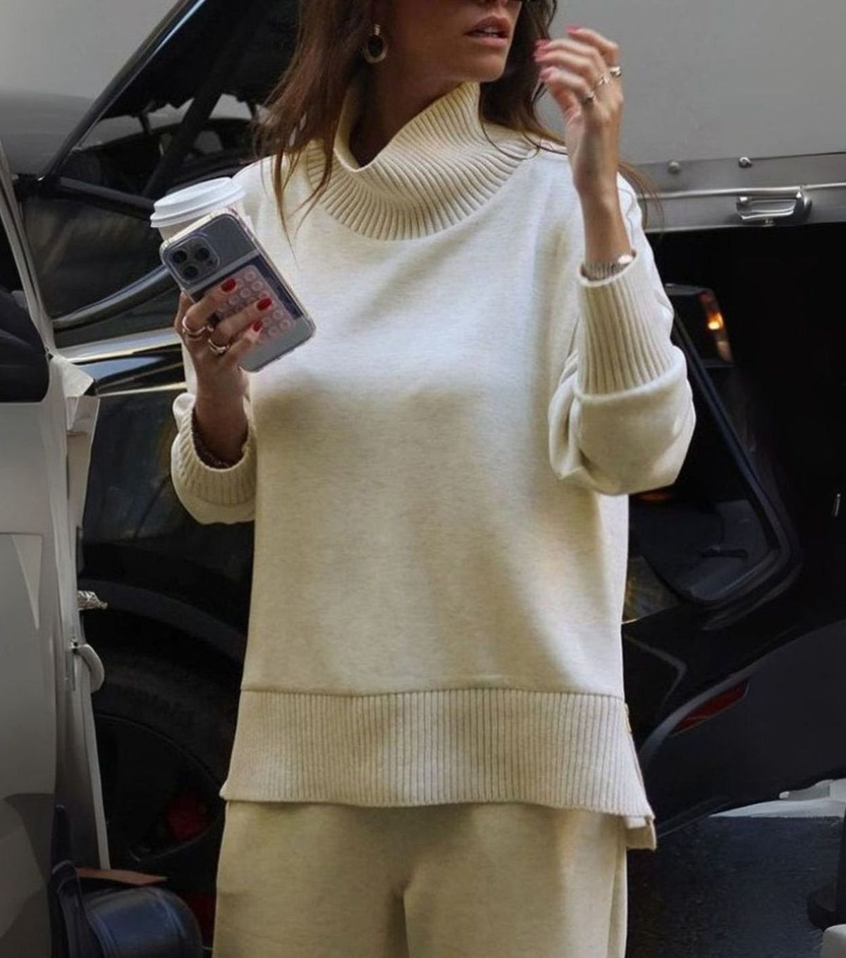 Women's Soft Knit Wide-Leg Coord Set Two-Piece Loungewear - White