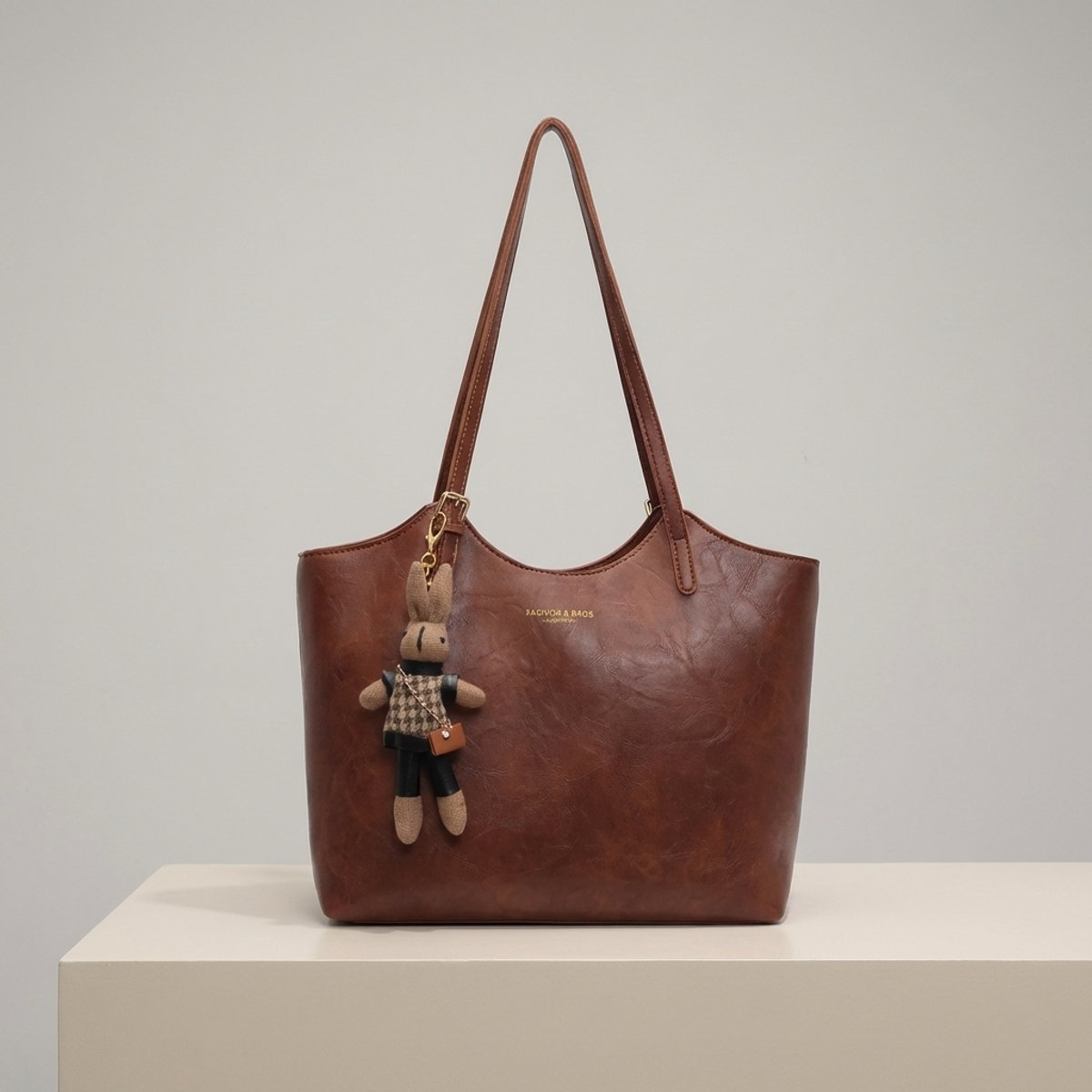 Women's Soft Vegan Leather Structured Shoulder Tote Bag Bunny Charm - Brown