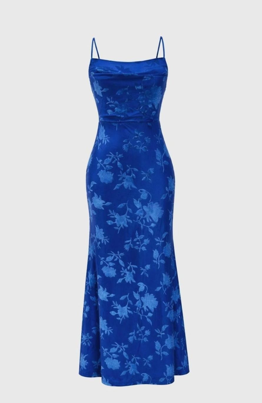 Women's Spaghetti Strap Cowl-Neck Floral Jacquard Mermaid Maxi Party Dress - Floral Blue