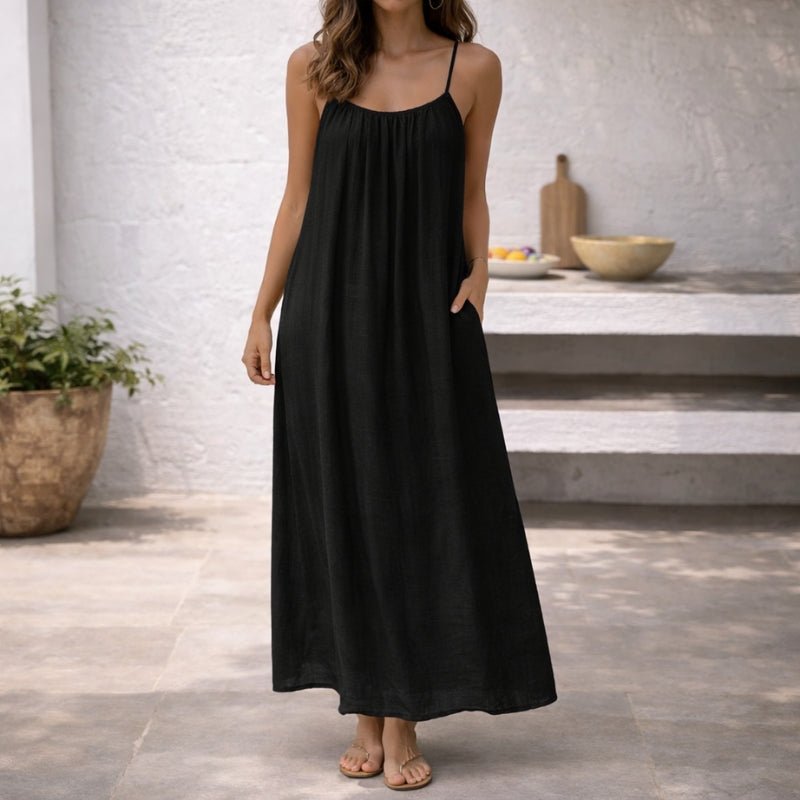 Women's Spaghetti Strap Flowy Linen Maxi Dress Pockets