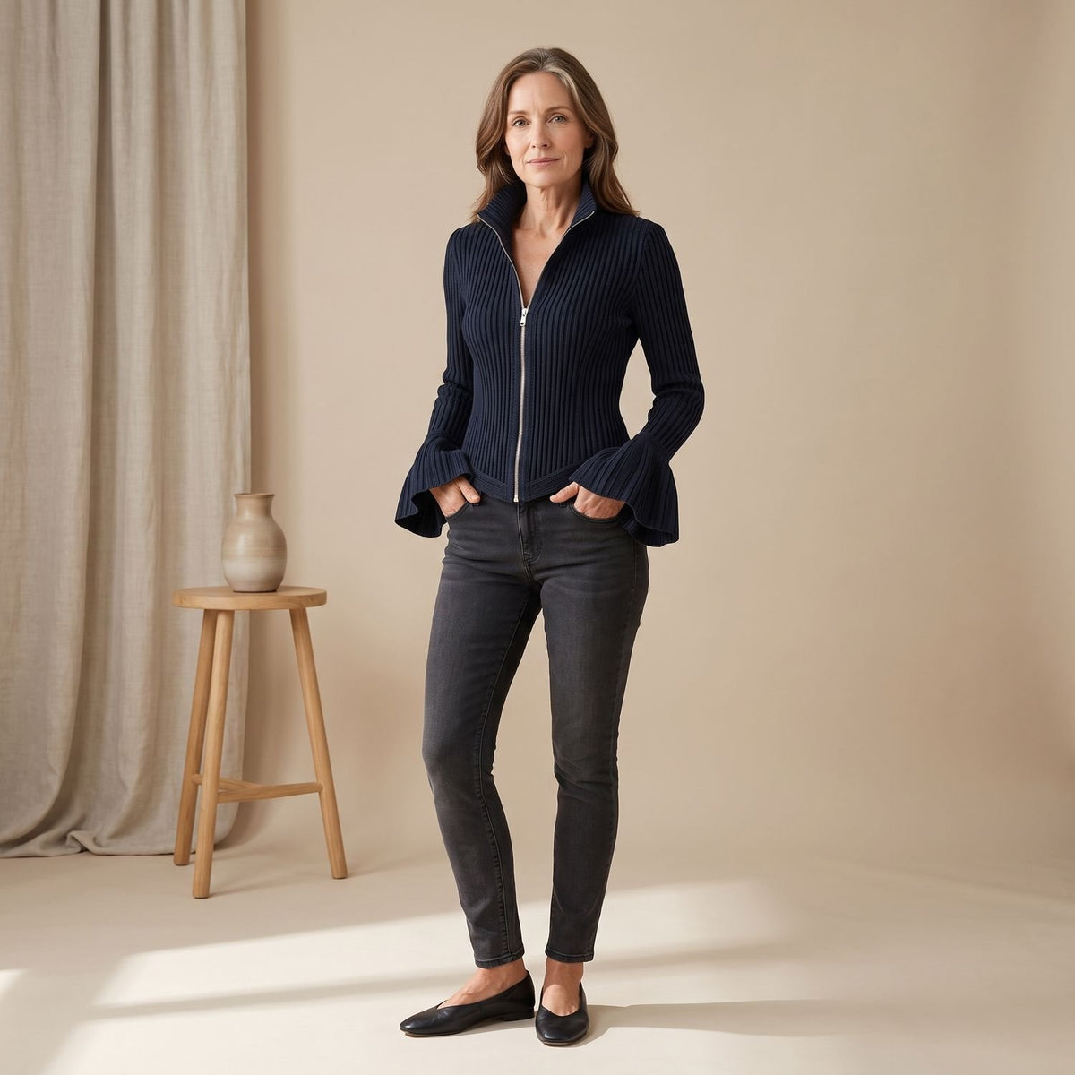 Women's Sparkle Ribbed Knit Zip-Front Flared-Cuff Jacket