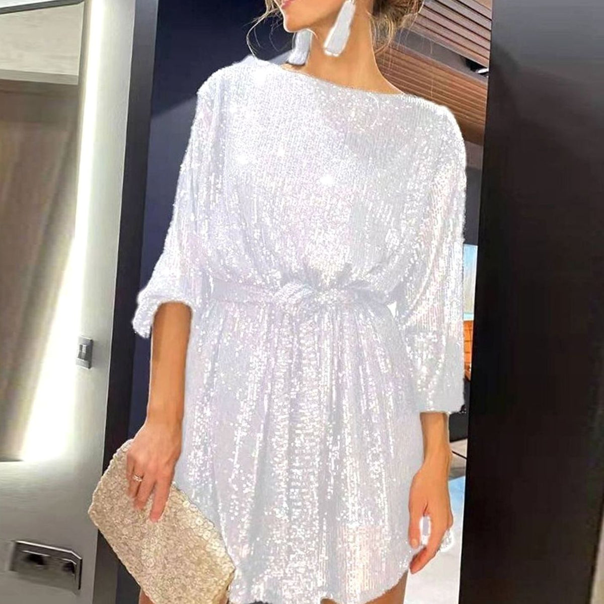 Women's Sparkly Sequin Mini Christmas Party Dress Asymmetric Hem - White