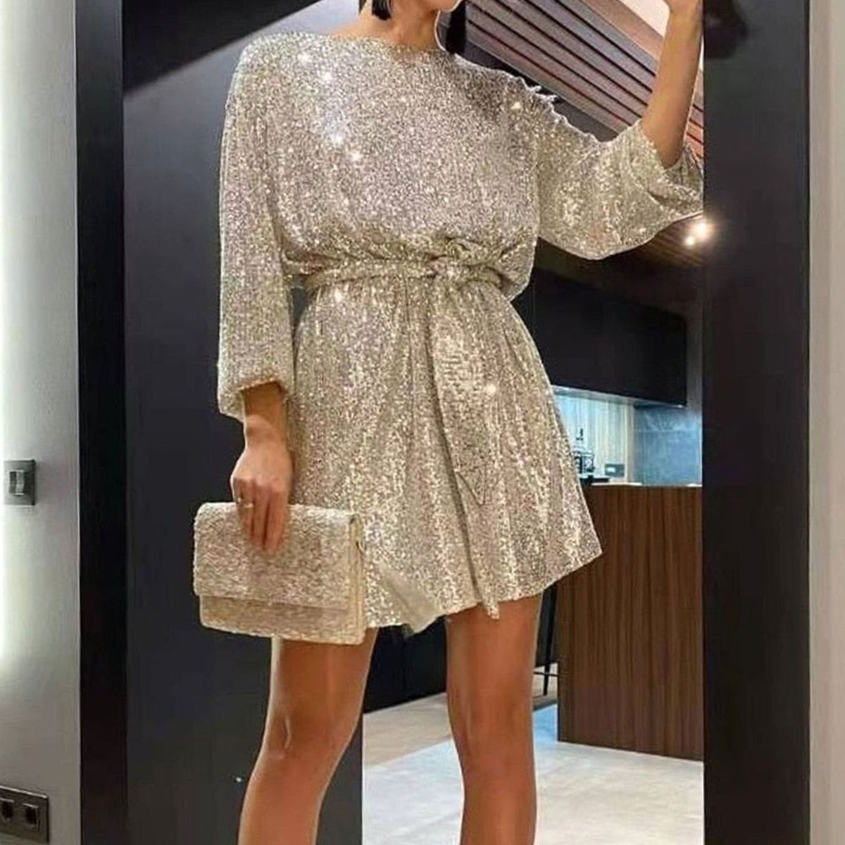 Women's Sparkly Sequin Mini Christmas Party Dress Asymmetric Hem