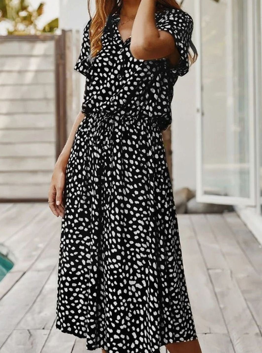 Women's Spotted Print Drawstring-Waist Short-Sleeve Midi Dress - Black