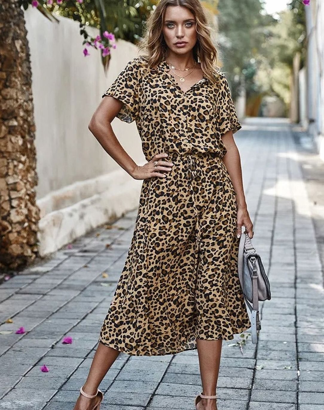 Women's Spotted Print Drawstring-Waist Short-Sleeve Midi Dress - Khaki