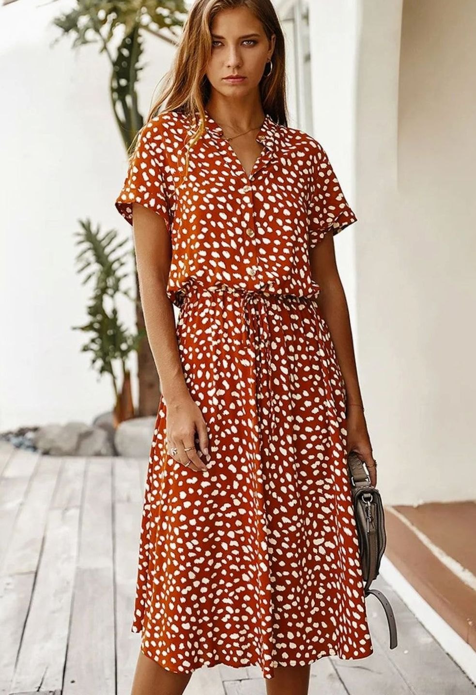 Women's Spotted Print Drawstring-Waist Short-Sleeve Midi Dress - Orange