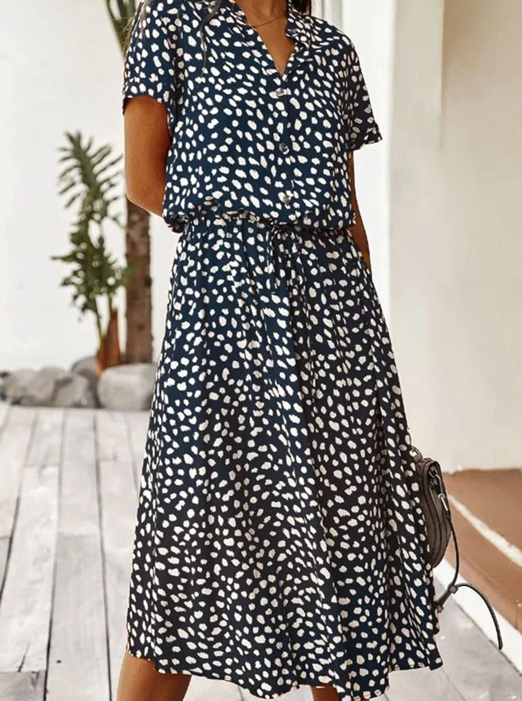 Women's Spotted Print Drawstring-Waist Short-Sleeve Midi Dress - Navy Blue