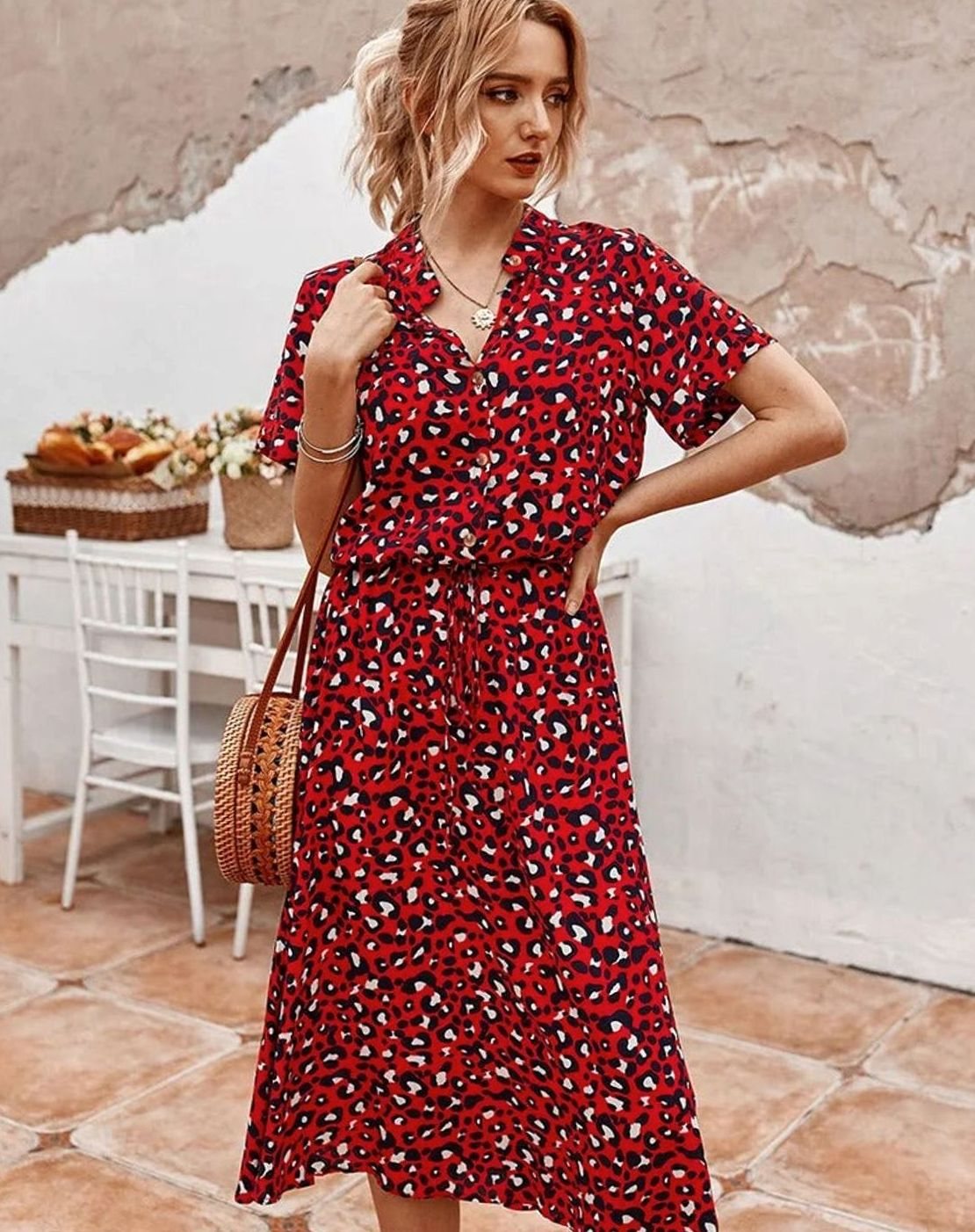 Women's Spotted Print Drawstring-Waist Short-Sleeve Midi Dress - Red