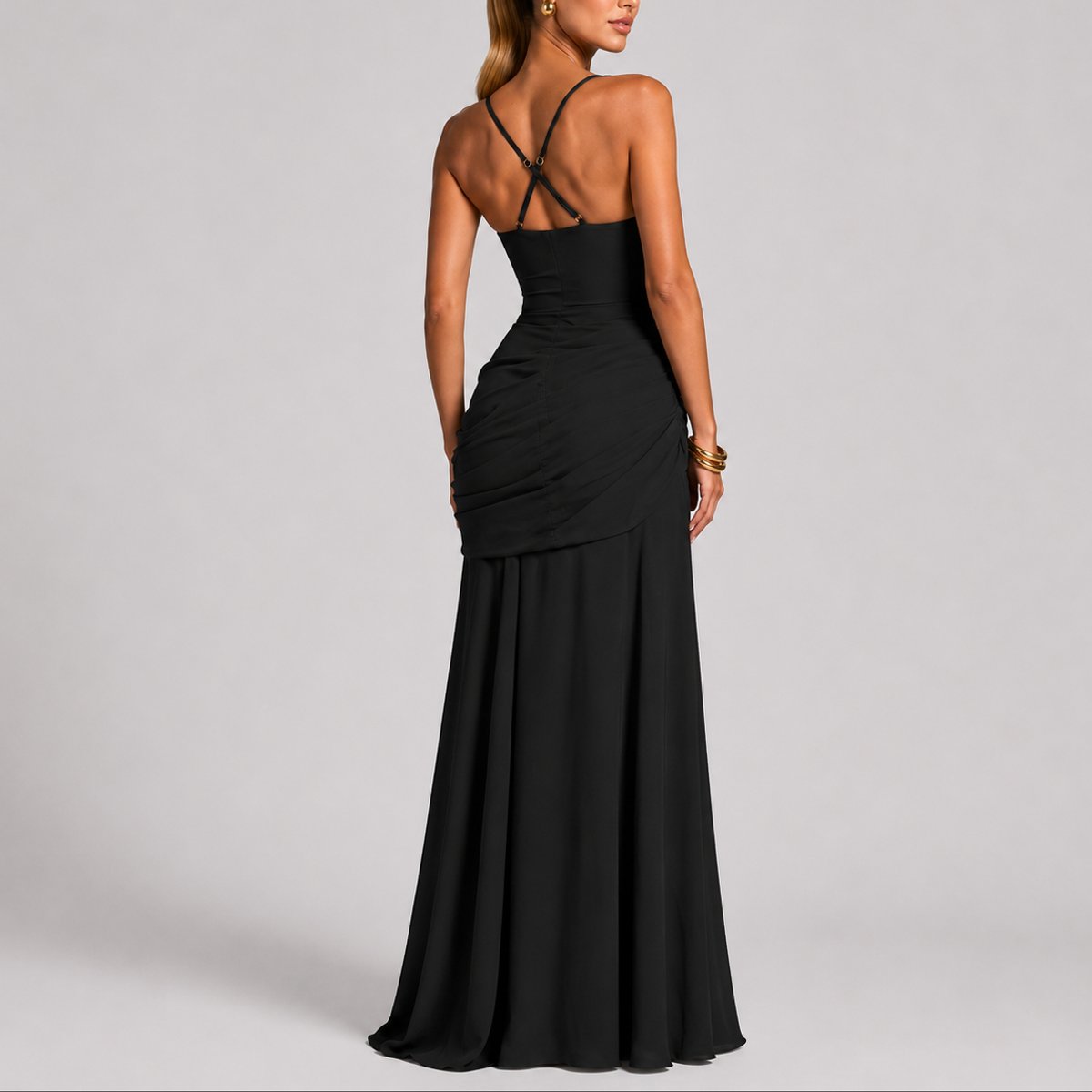 Women's Square-Neck Ruched Fitted Maxi Evening Dress