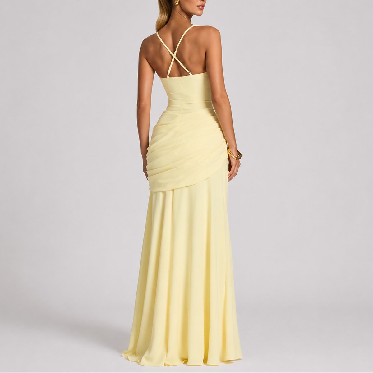 Women's Square-Neck Ruched Fitted Maxi Evening Dress