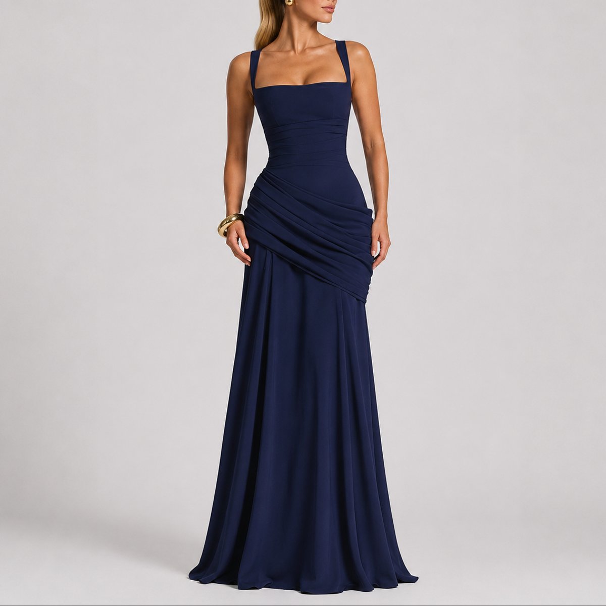 Women's Square-Neck Ruched Fitted Maxi Evening Dress - Navy