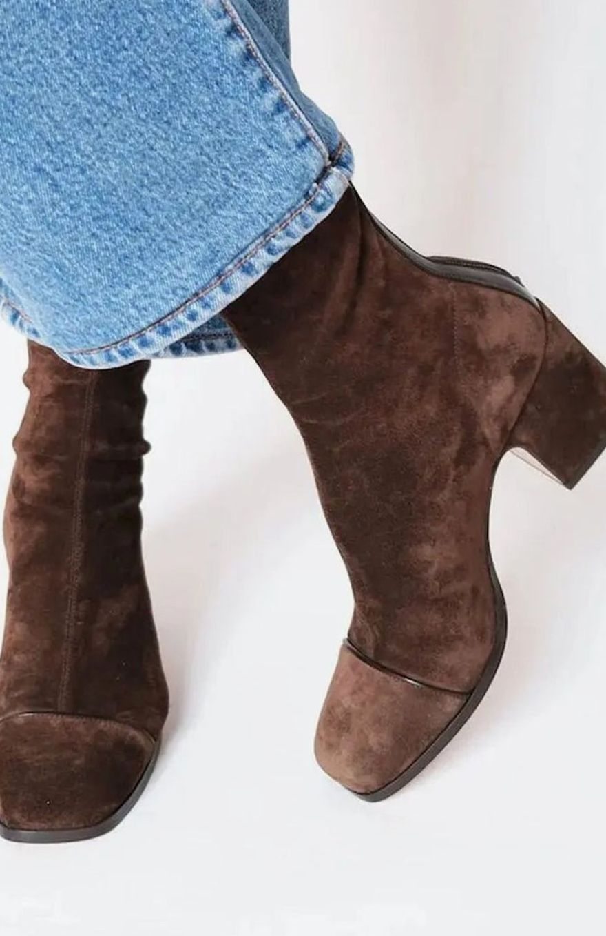 Women's Square-Toe Block-Heel Animal-Print Suede Ankle Boots - Dark Brown