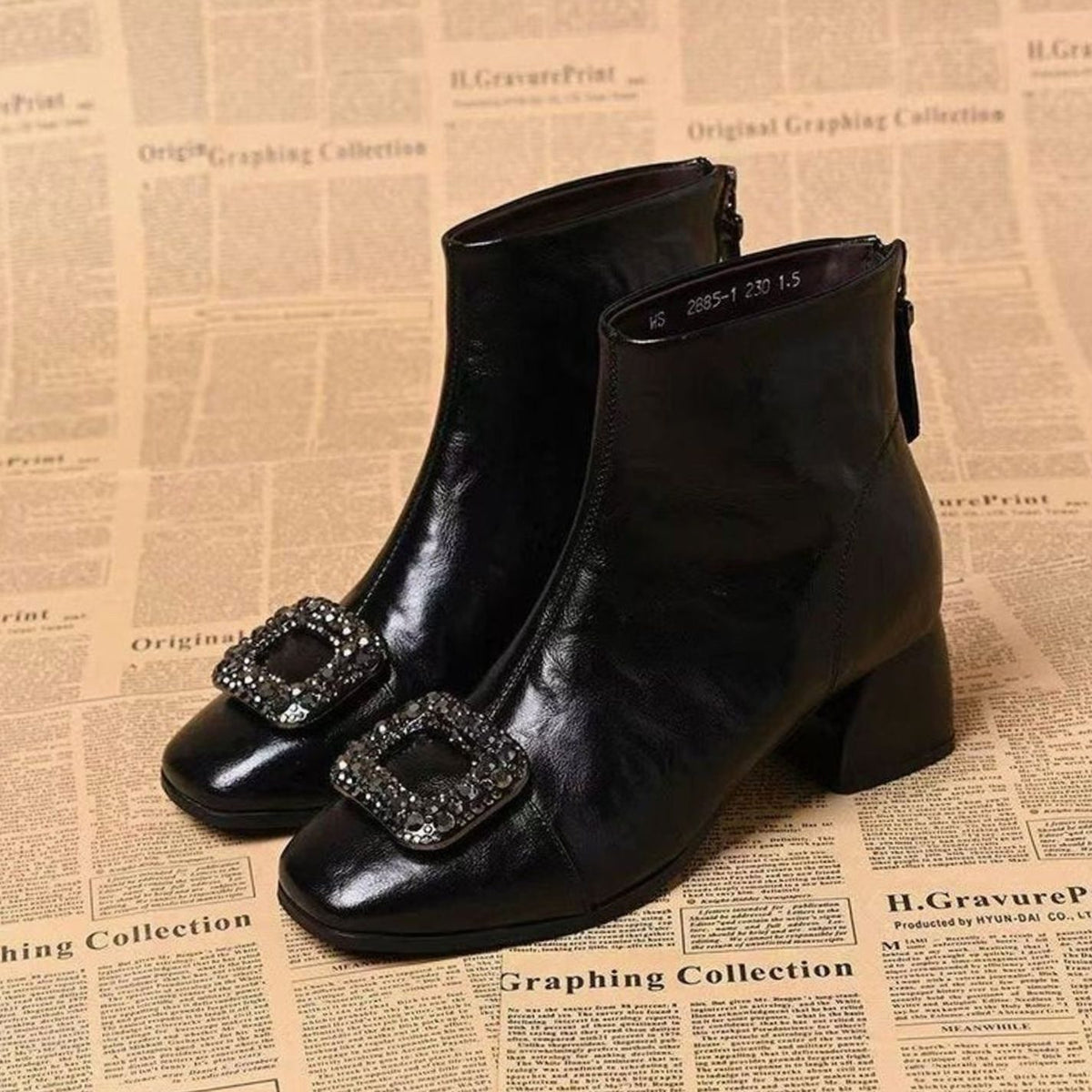 Women's Square-Toe Block-Heel Ankle Boots Embellished Buckle - Black