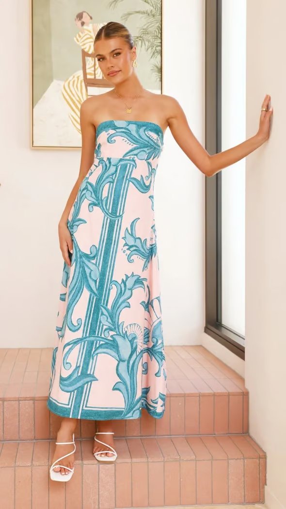 Women's Strapless Baroque Print Flared Maxi Dress - Light Blue