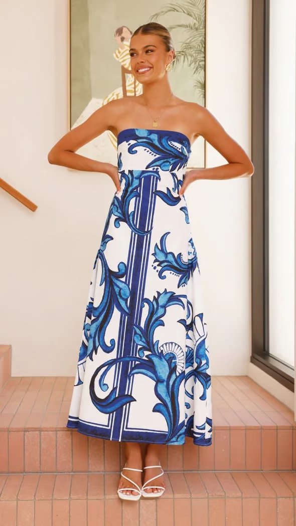 Women's Strapless Baroque Print Flared Maxi Dress