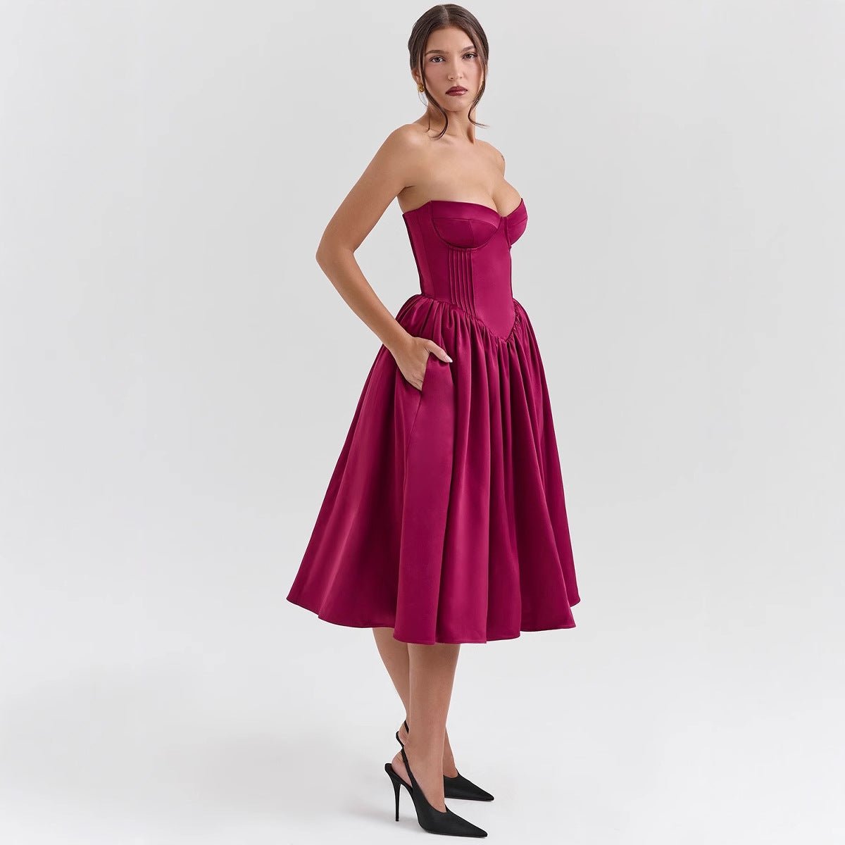 Women's Strapless Corset Cocktail Dress Pleated Full Skirt - Magenta