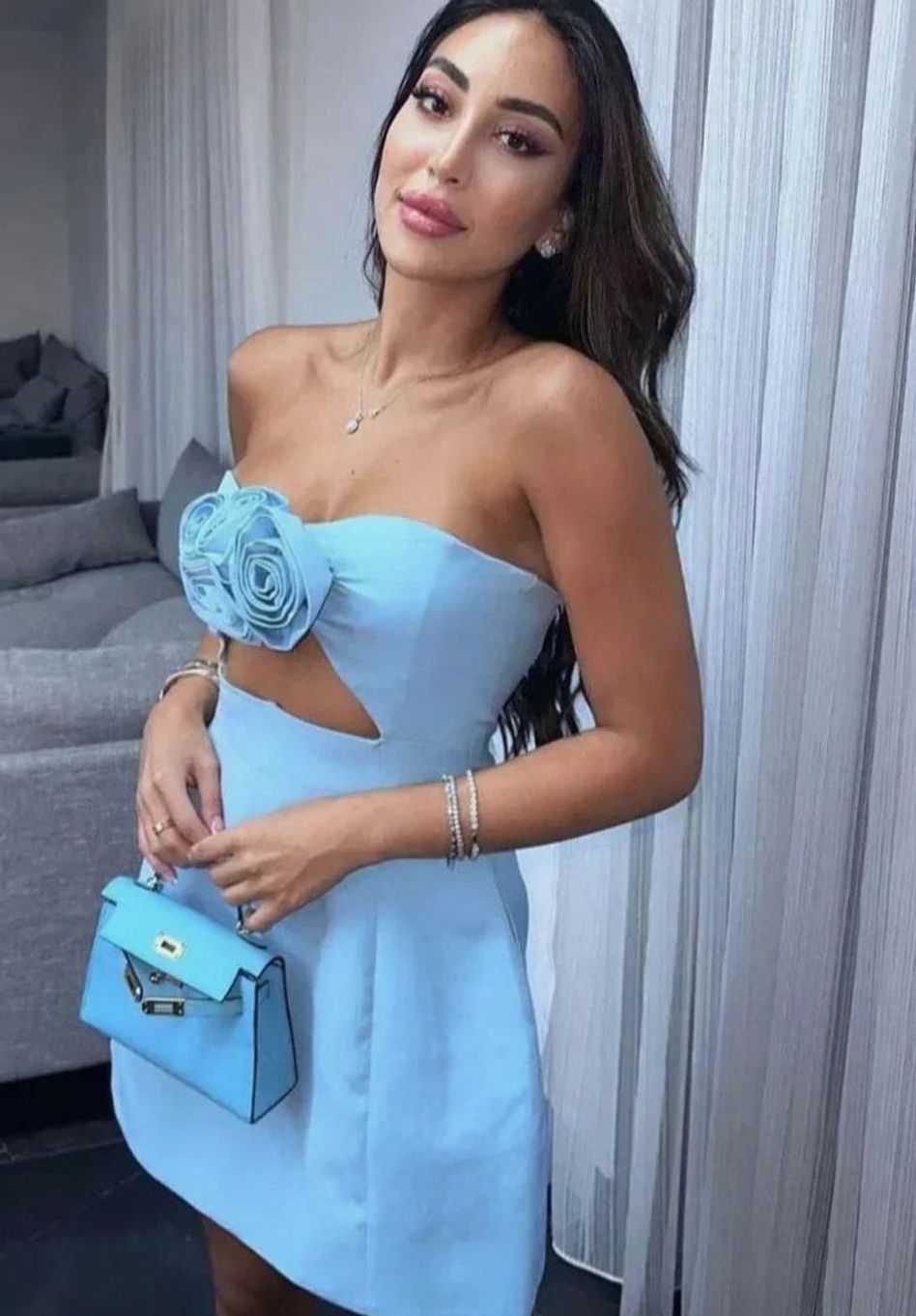 Women's Strapless Floral Appliqué Mini Party Dress - Baby Blue
