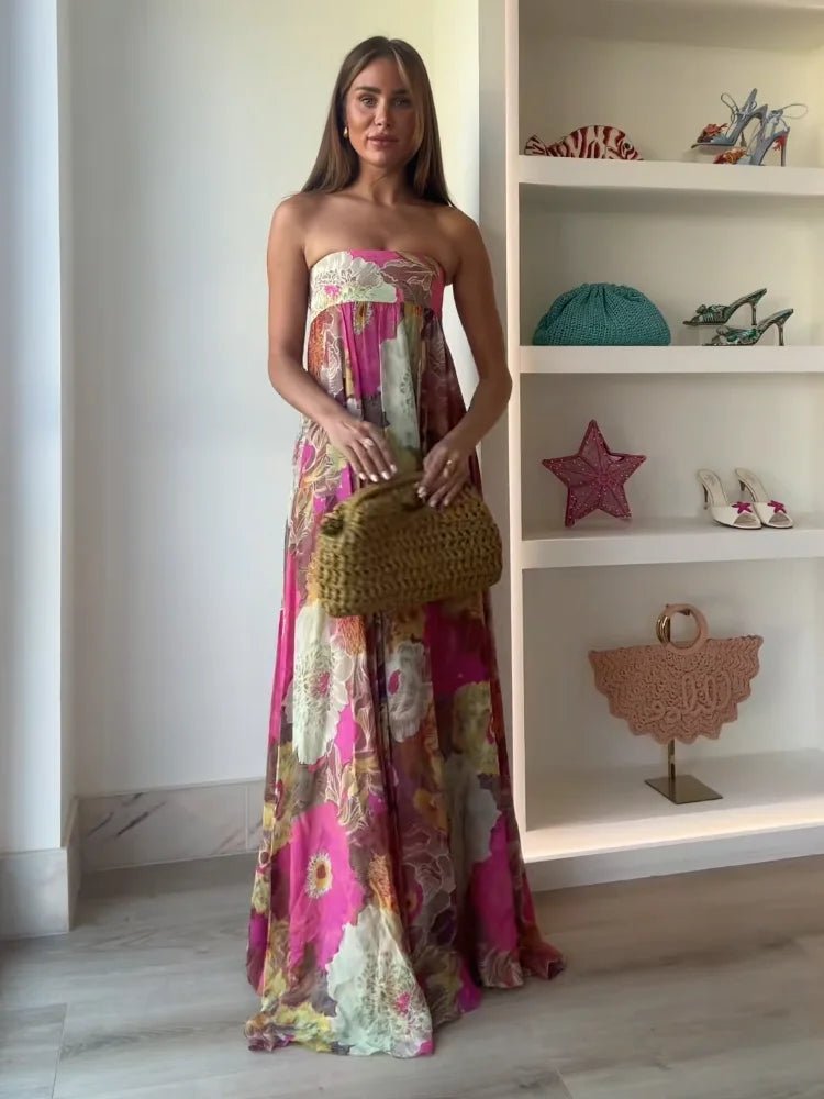 Women's Strapless Floral Floor-Length Maxi Wedding Guest Dress