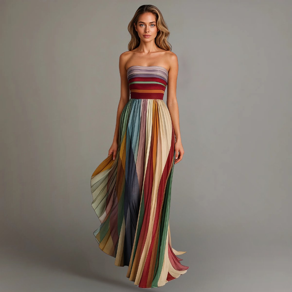 Women's Strapless Pleated Striped Maxi Long Sleeve Dress