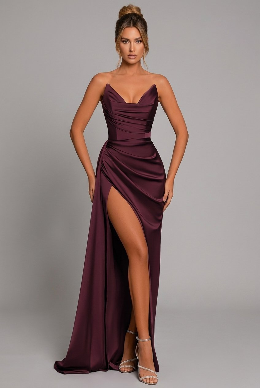 Women's Strapless Ruched Sweetheart Satin Maxi Gown - Crimson Red