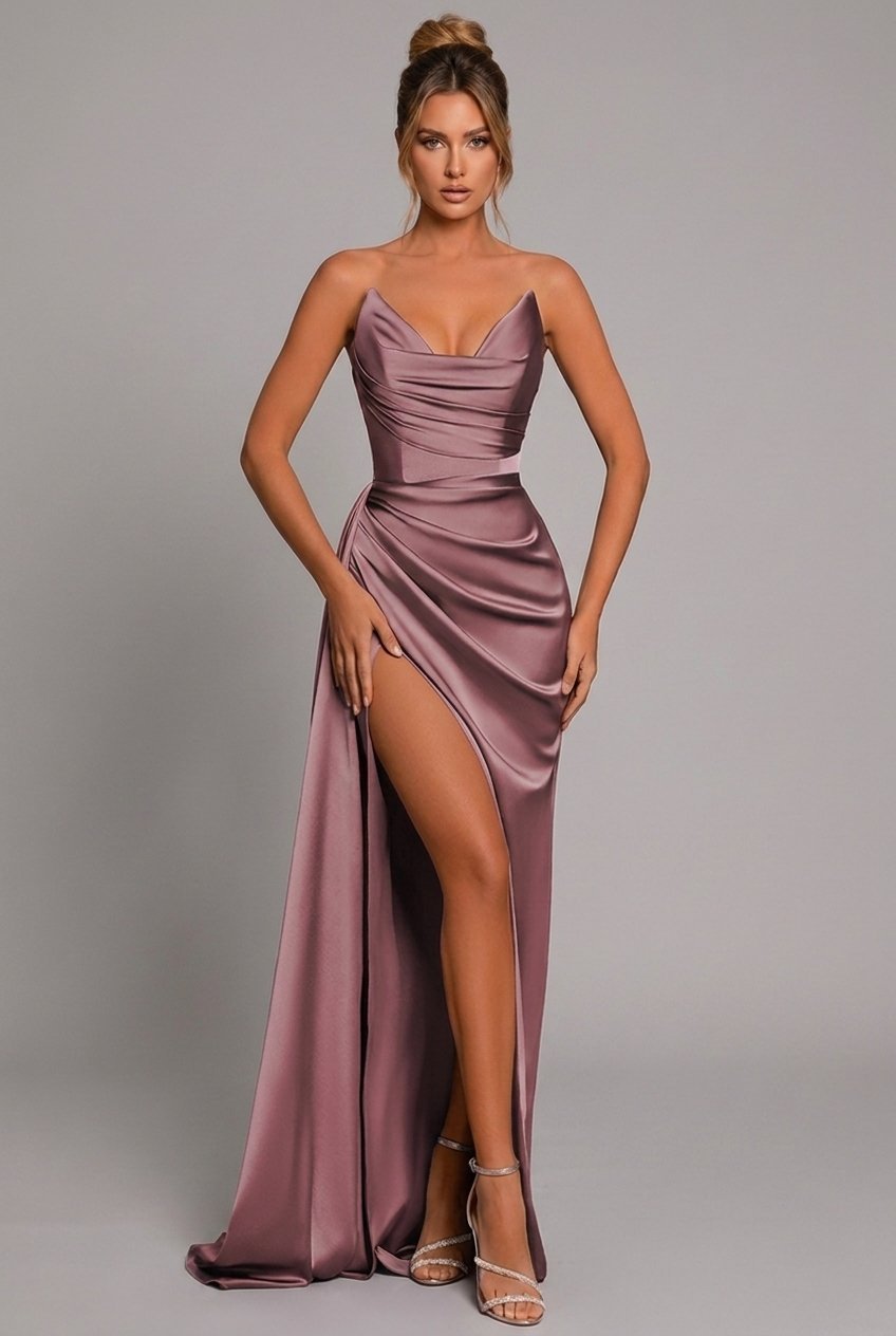 Women's Strapless Ruched Sweetheart Satin Maxi Gown - Dusty Rose
