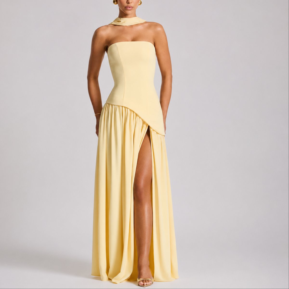 Women's Strapless Structured-Bodice Open-Back Scarf Maxi Dress - Yellow