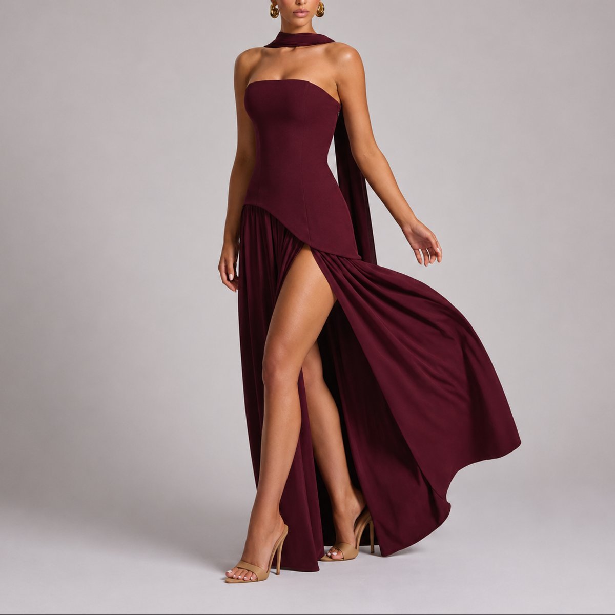 Women's Strapless Structured-Bodice Open-Back Scarf Maxi Dress - Red