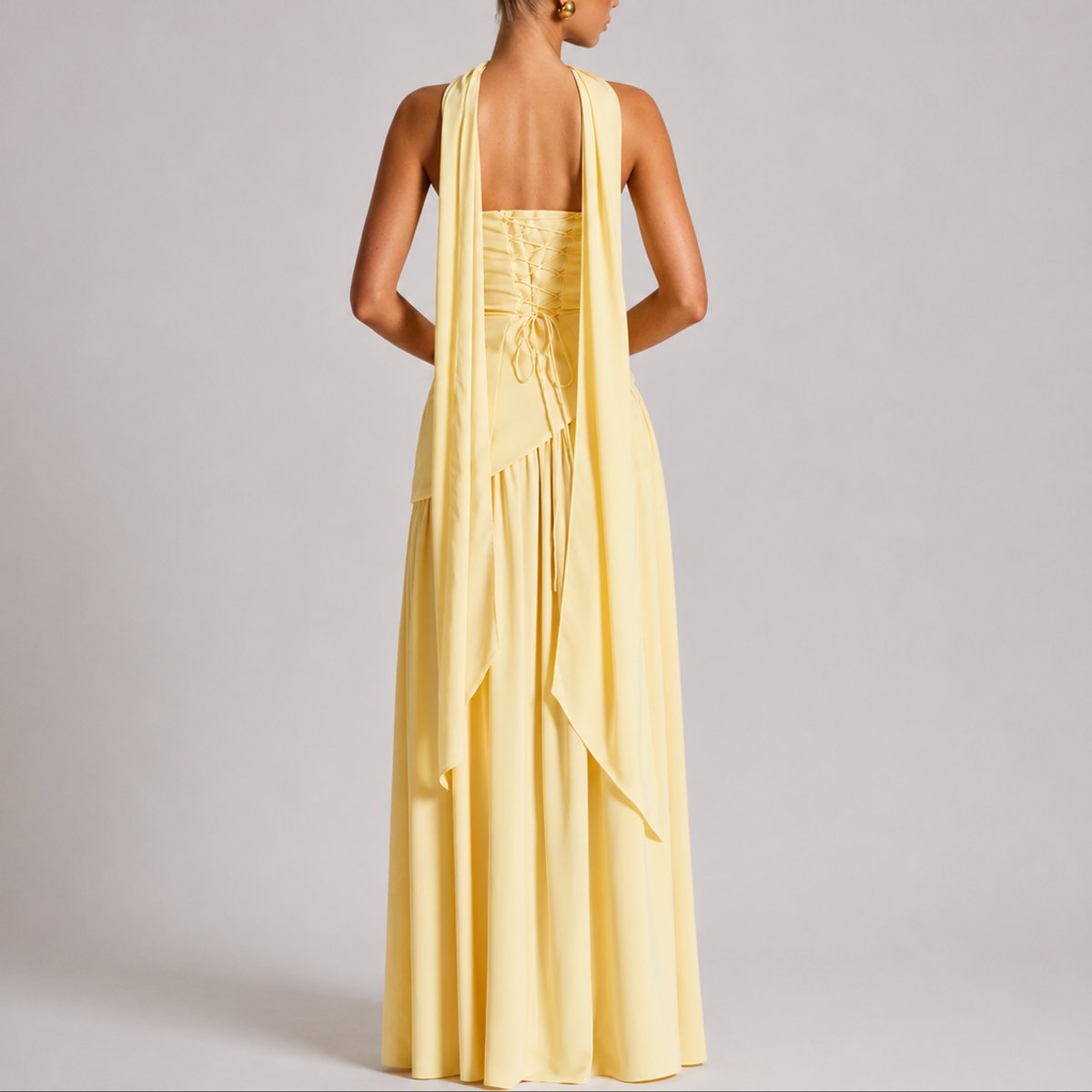 Women's Strapless Structured-Bodice Open-Back Scarf Maxi Dress