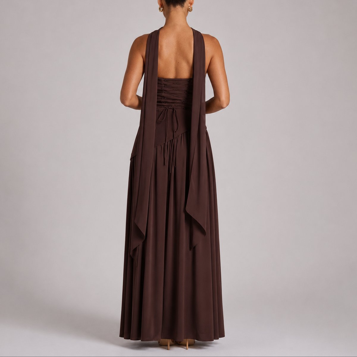 Women's Strapless Structured-Bodice Open-Back Scarf Maxi Dress