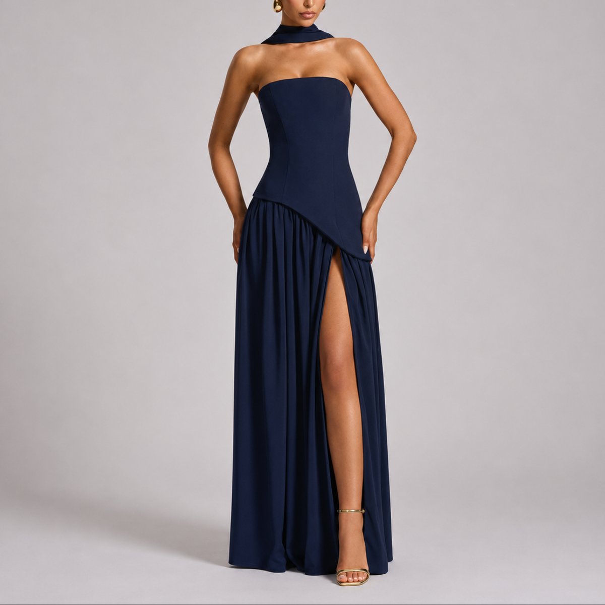 Women's Strapless Structured-Bodice Open-Back Scarf Maxi Dress - Navy