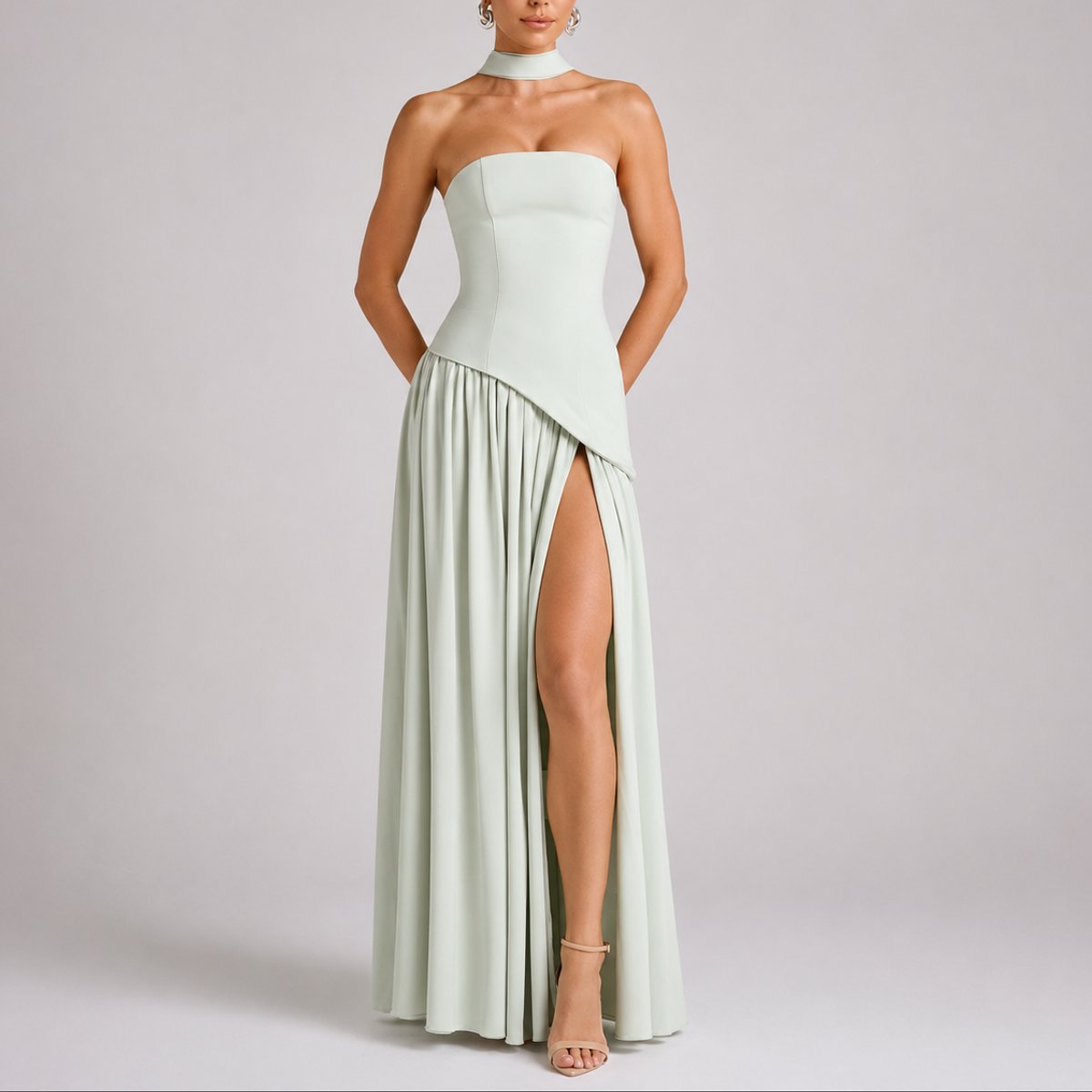 Women's Strapless Structured-Bodice Open-Back Scarf Maxi Dress - Light Green
