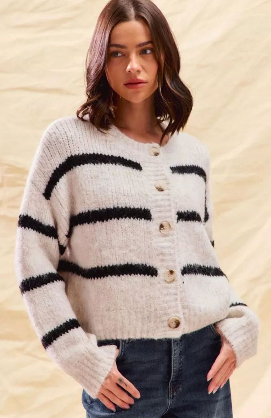 Women's Striped Button-Down Winter Cardigan Relaxed Crew Neck - White