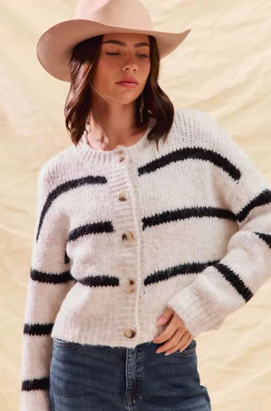 Women's Striped Button-Down Winter Cardigan Relaxed Crew Neck