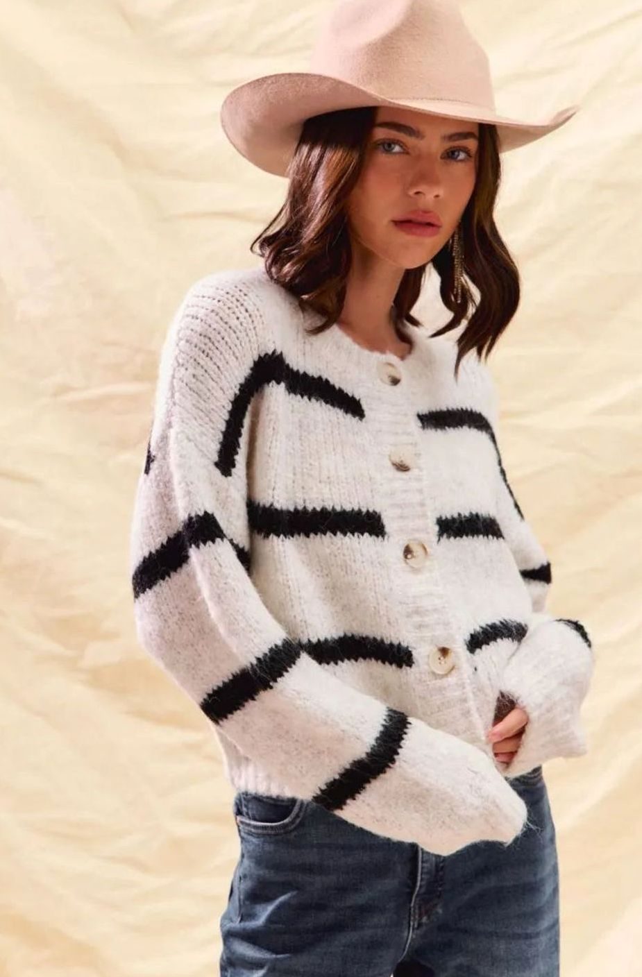 Women's Striped Button-Down Winter Cardigan Relaxed Crew Neck