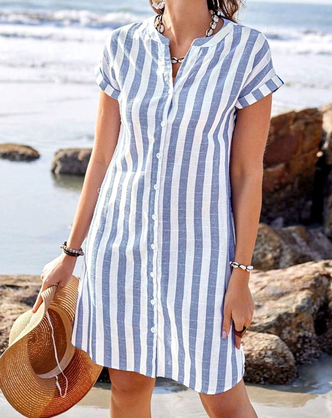 Women's Striped Button-Through Short Sleeve Midi Shirt Dress