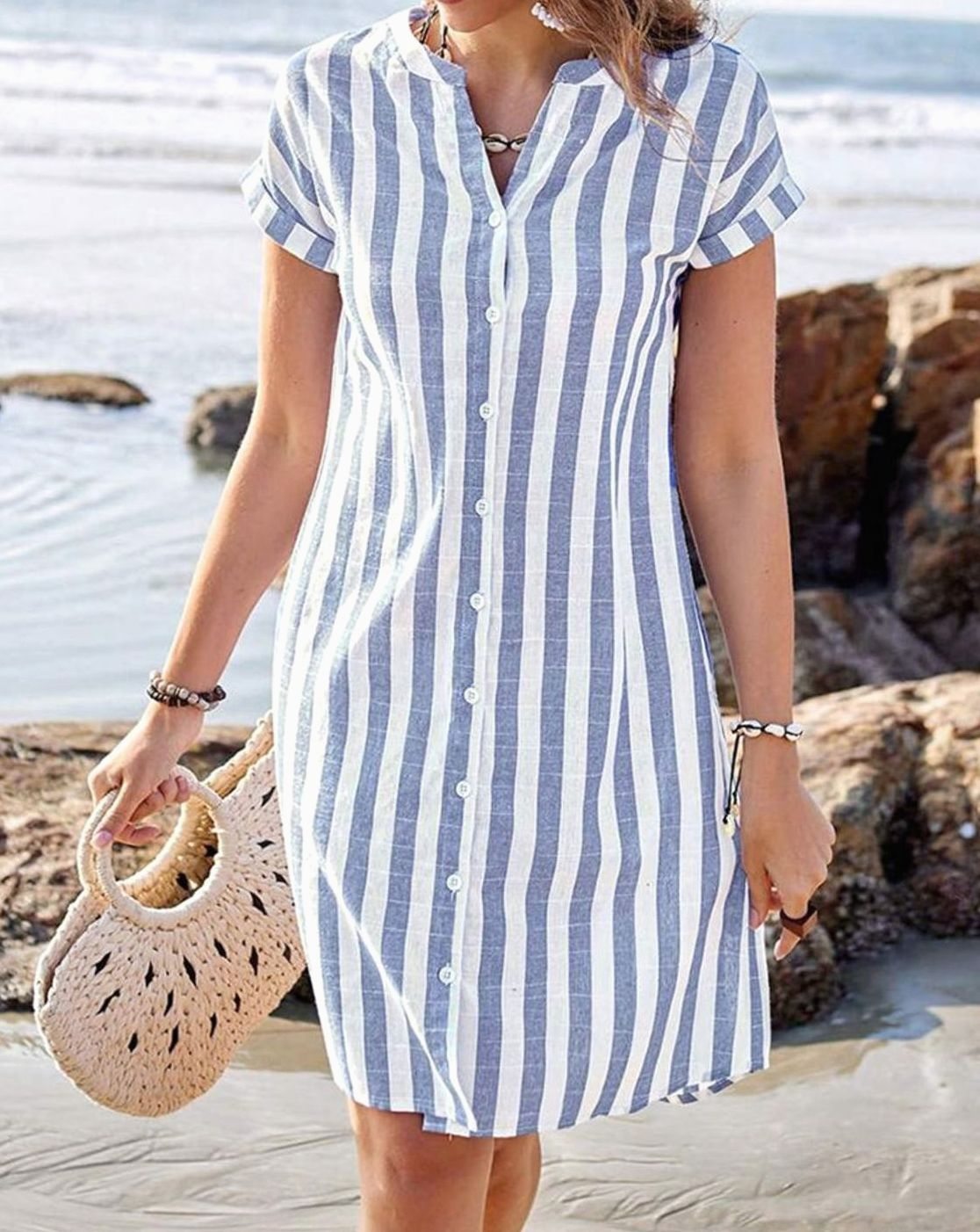 Women's Striped Button-Through Short Sleeve Midi Shirt Dress