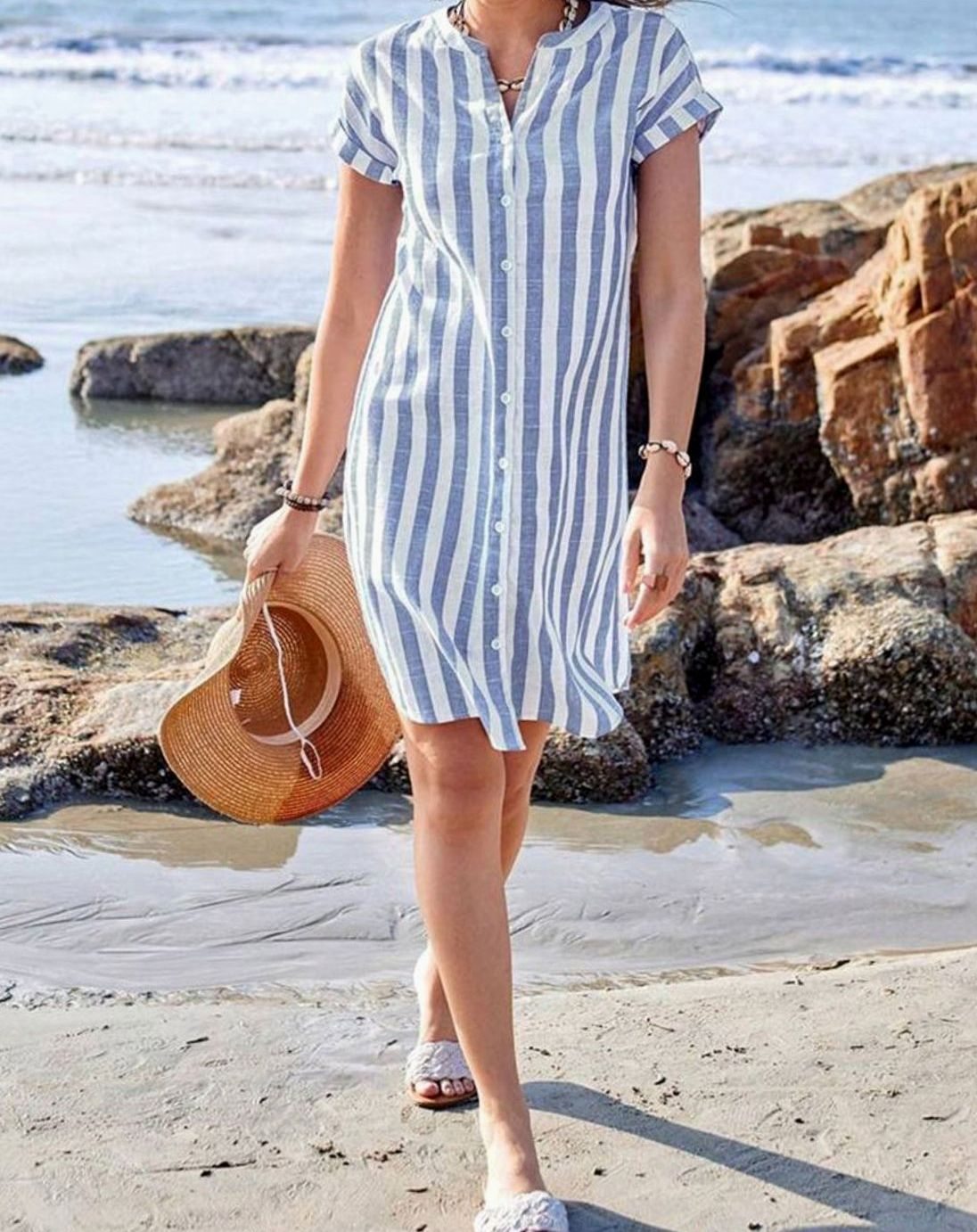 Women's Striped Button-Through Short Sleeve Midi Shirt Dress