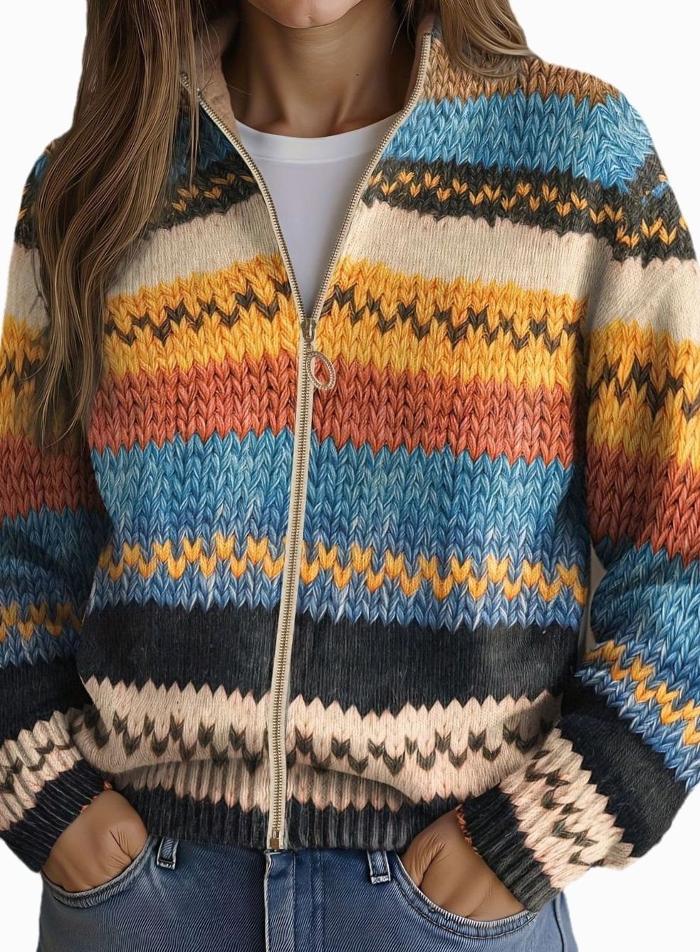 Women's Striped Knit Cardigan Relaxed Zip-Up Bomber Jumper