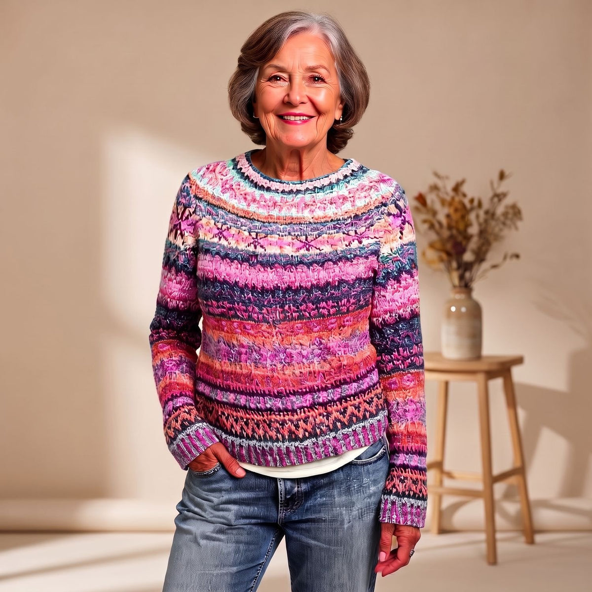 Women's Striped Knit Pullover Sweater Round Neck Long Sleeve