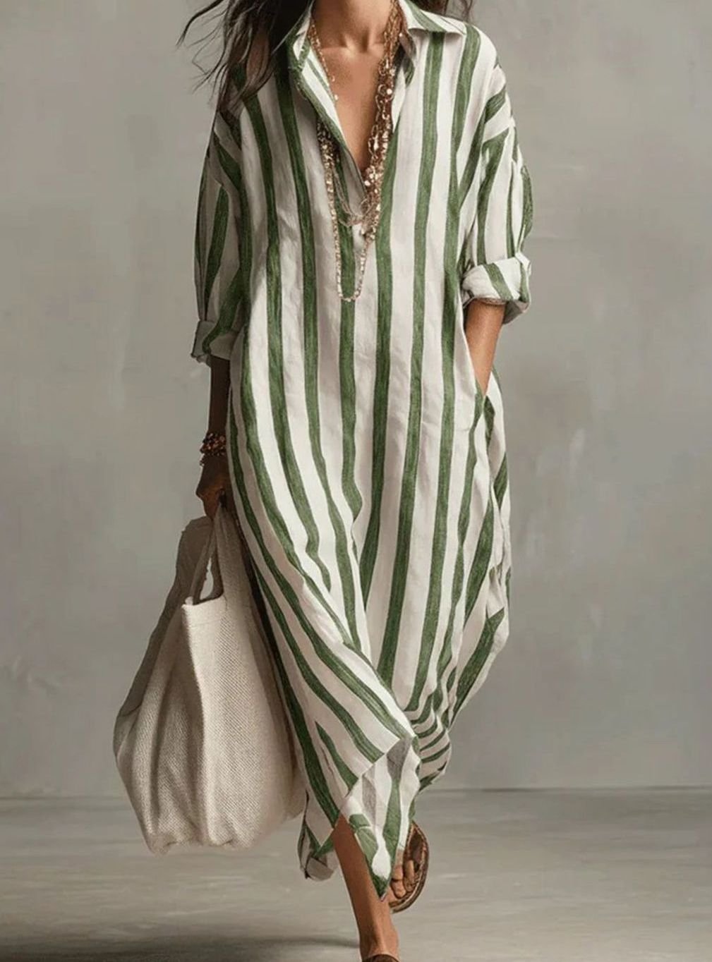 Women's Striped Linen Maxi Shirt Dress V-Neck Loose Fit - Green