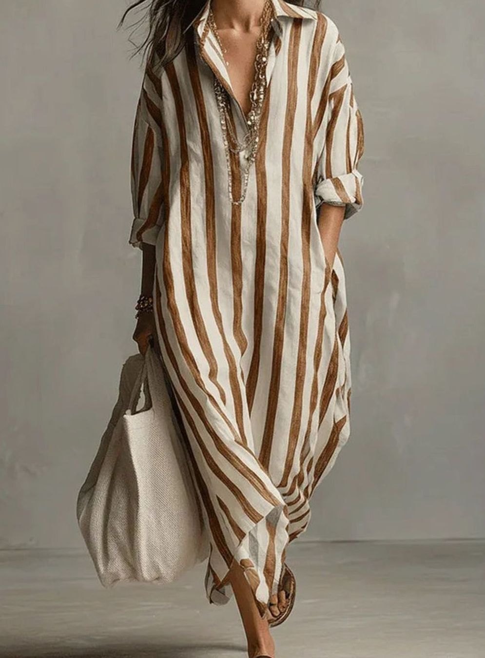 Women's Striped Linen Maxi Shirt Dress V-Neck Loose Fit - Earthy Yellow