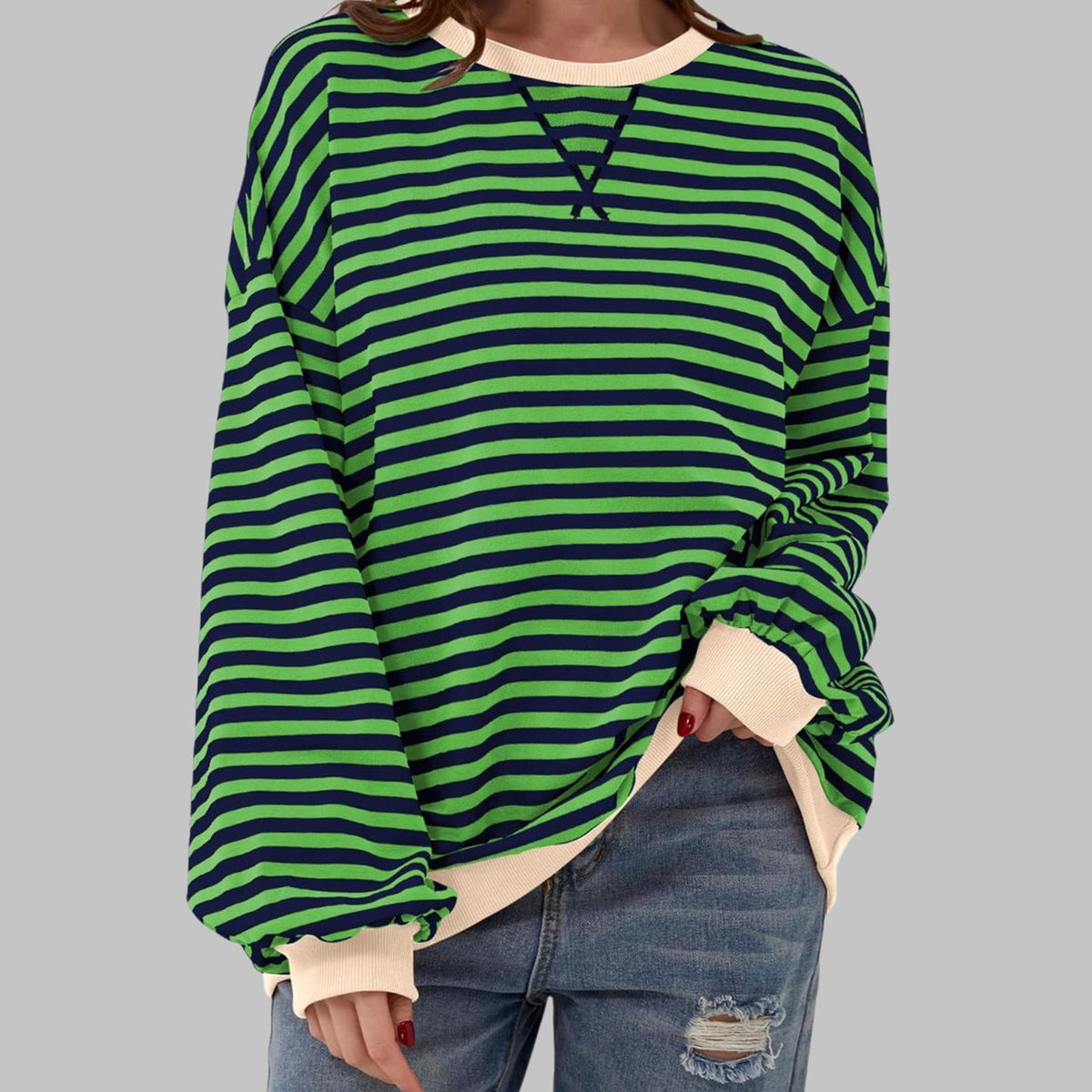 Women's Striped Oversized Crew Neck Long-Sleeve Sweatshirt - Green