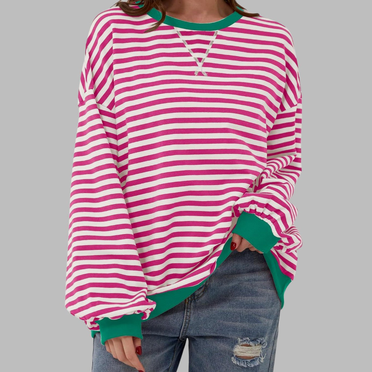 Women's Striped Oversized Crew Neck Long-Sleeve Sweatshirt - Rose Red