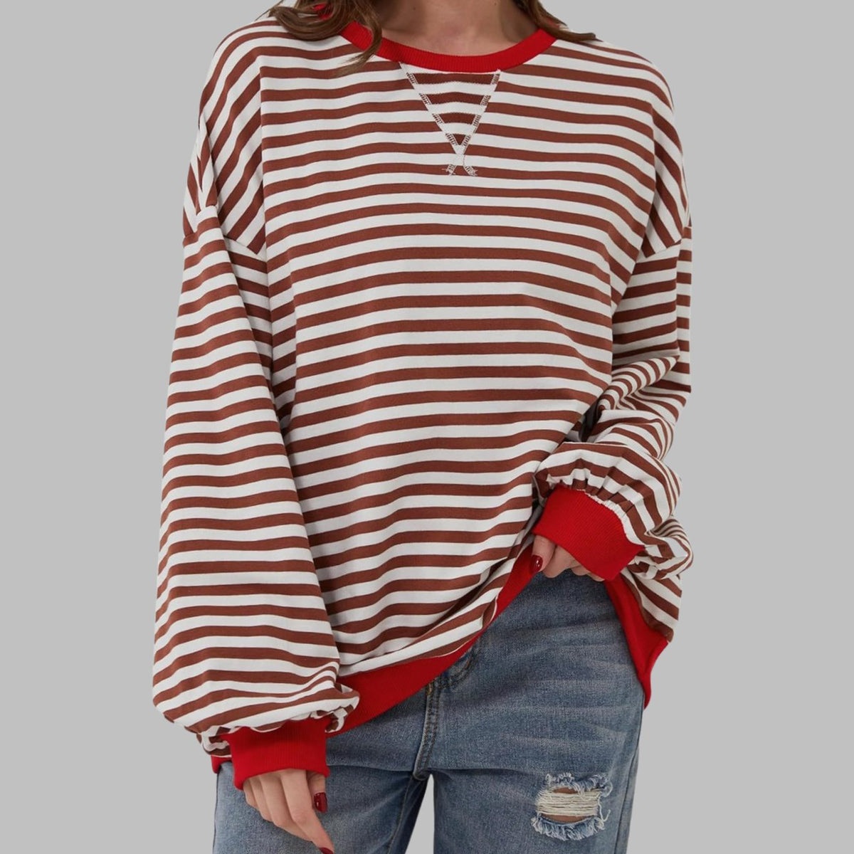 Women's Striped Oversized Crew Neck Long-Sleeve Sweatshirt - Red