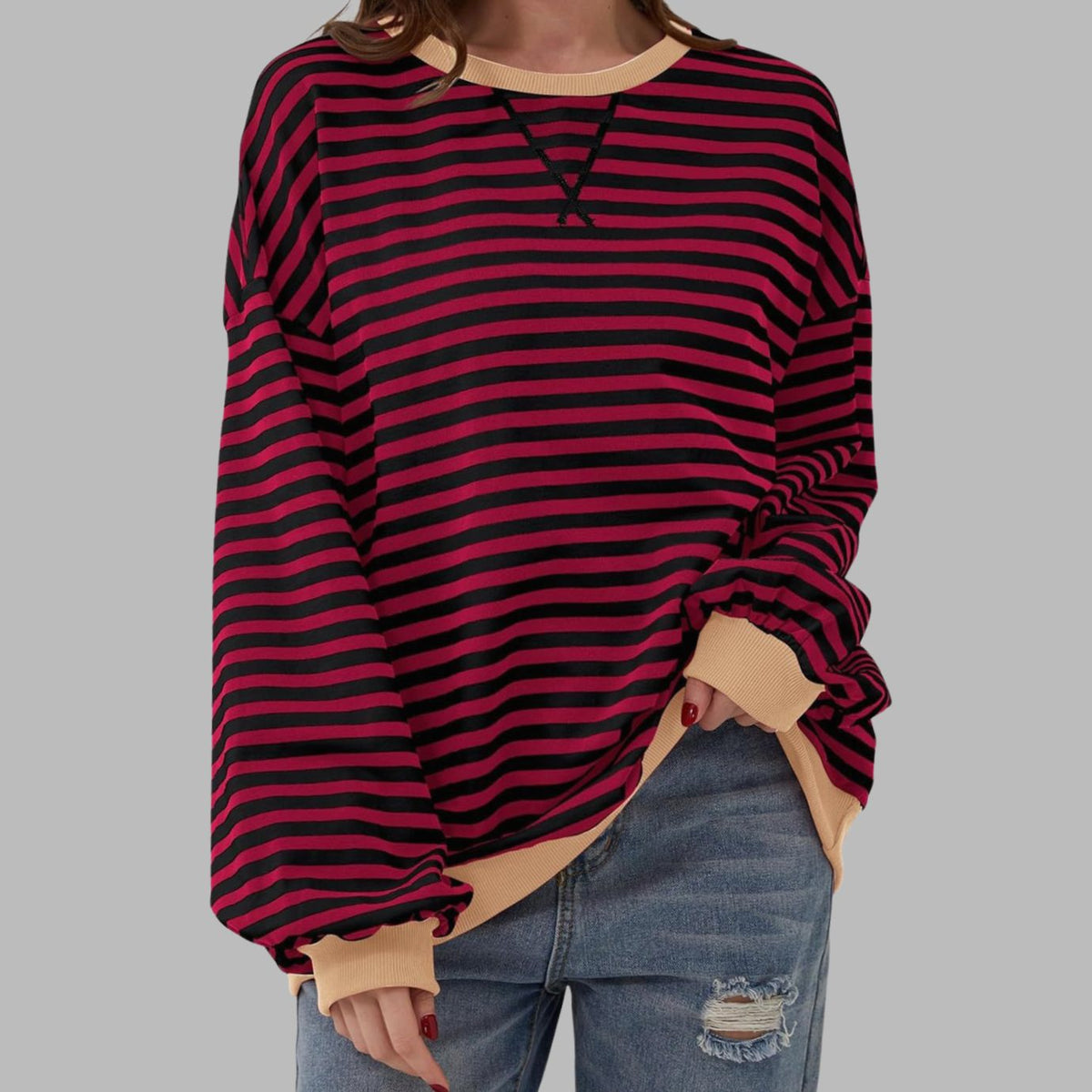 Women's Striped Oversized Crew Neck Long-Sleeve Sweatshirt - Burgundy