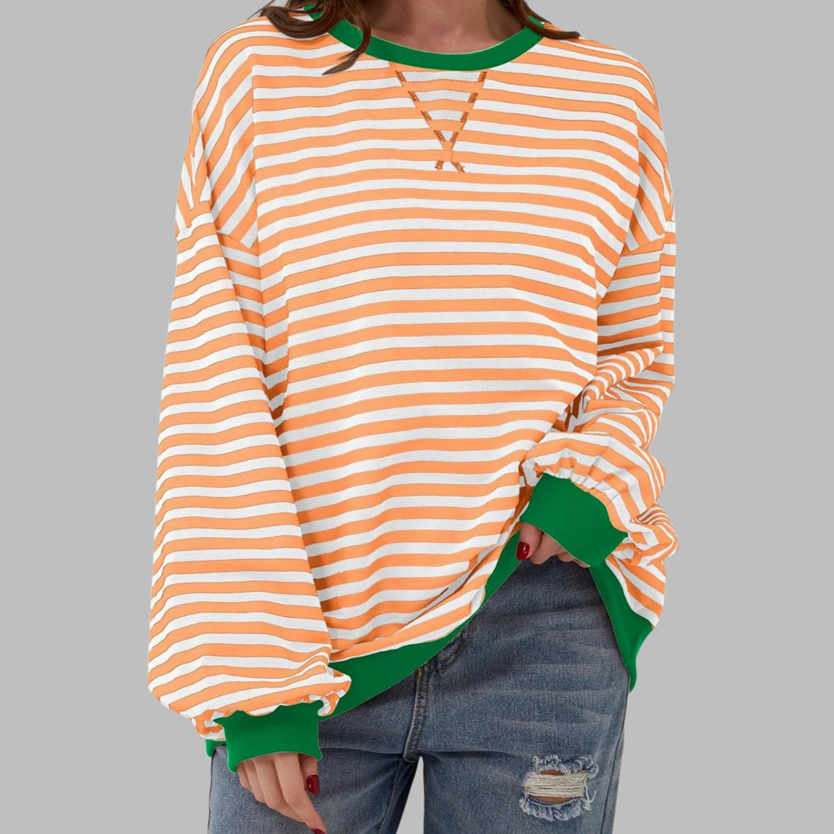 Women's Striped Oversized Crew Neck Long-Sleeve Sweatshirt - Light Orange