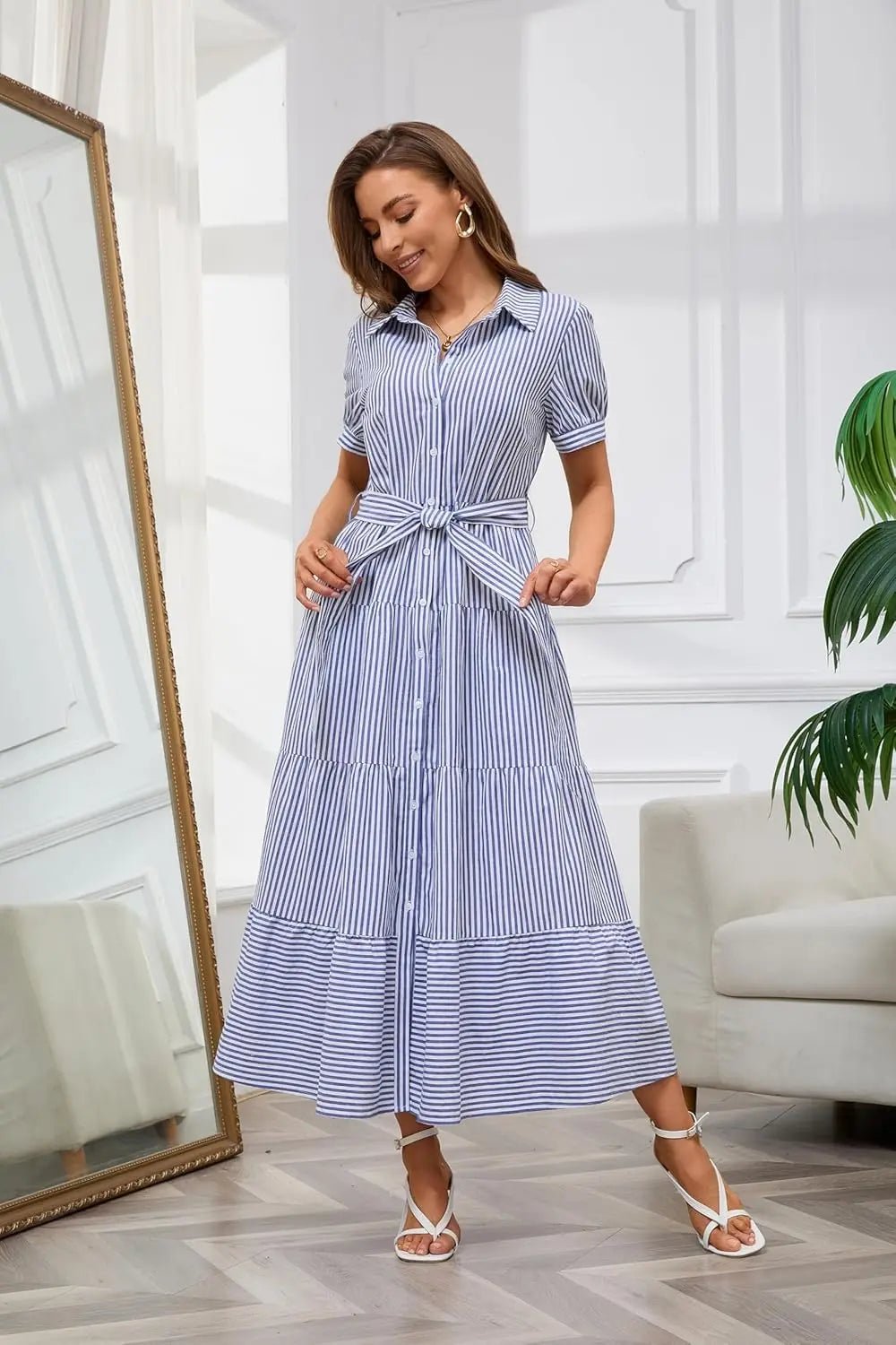 Women's Striped Tiered-Ruffle Tie-Waist Button-Down Maxi Shirt Dress