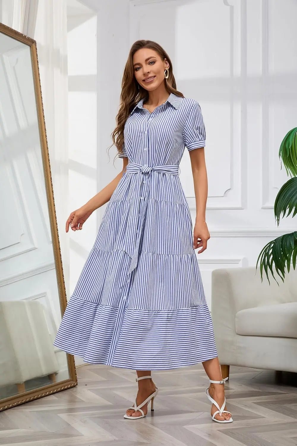 Women's Striped Tiered-Ruffle Tie-Waist Button-Down Maxi Shirt Dress